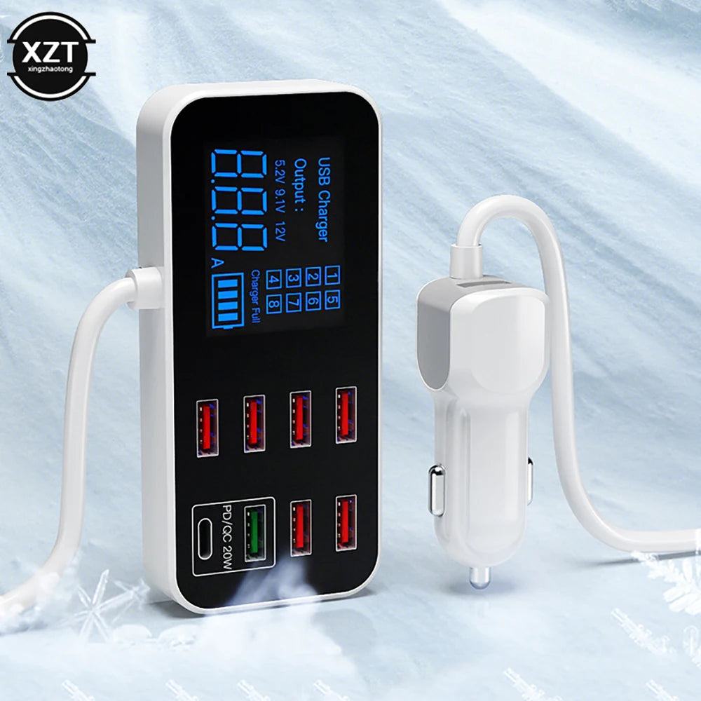Universal Multi-Port USB Charger for Car 8-Port Car Lighter Charging Station Hub with LCD Display Ultra-Thin USB Car Charger