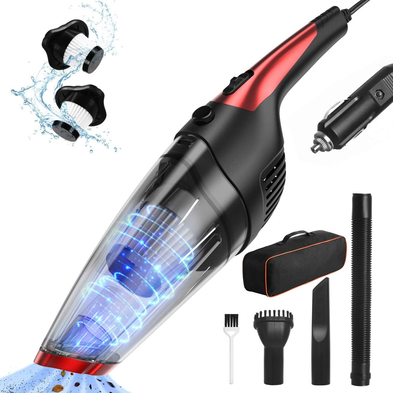Car Vacuum, Mini Car Vacuum Cleaner High Power, Portable Vacuum Cleaner for Car Detailing, Small Car Vacuum for Cleaning Car Interior, 16.4-Foot Cable, Red