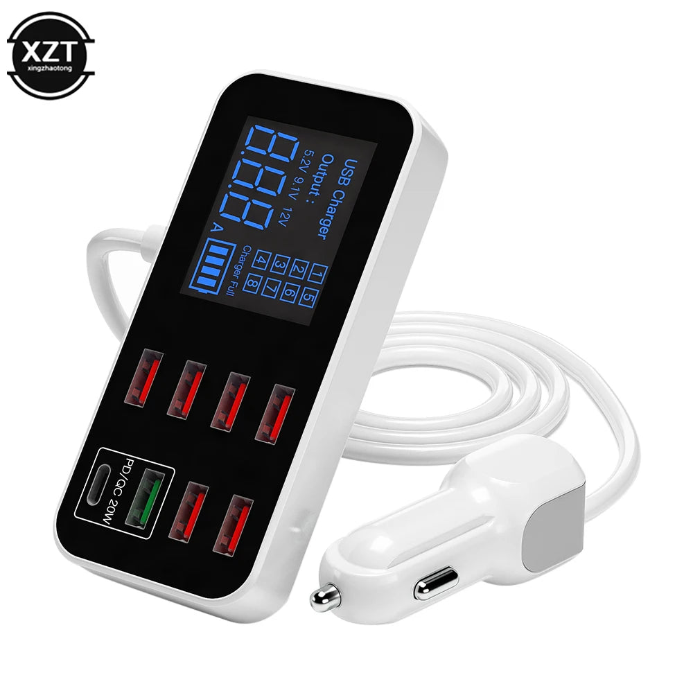 Universal Multi-Port USB Charger for Car 8-Port Car Lighter Charging Station Hub with LCD Display Ultra-Thin USB Car Charger