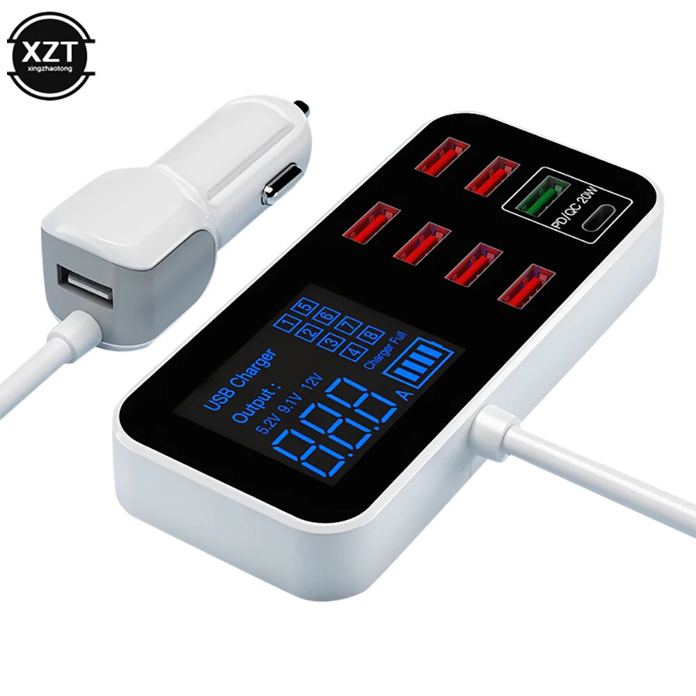 Universal Multi-Port USB Charger for Car 8-Port Car Lighter Charging Station Hub with LCD Display Ultra-Thin USB Car Charger