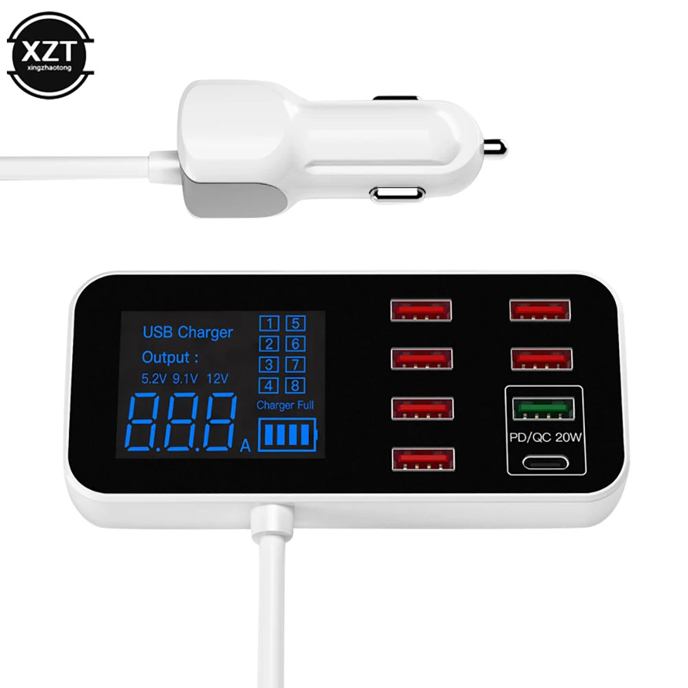 Universal Multi-Port USB Charger for Car 8-Port Car Lighter Charging Station Hub with LCD Display Ultra-Thin USB Car Charger