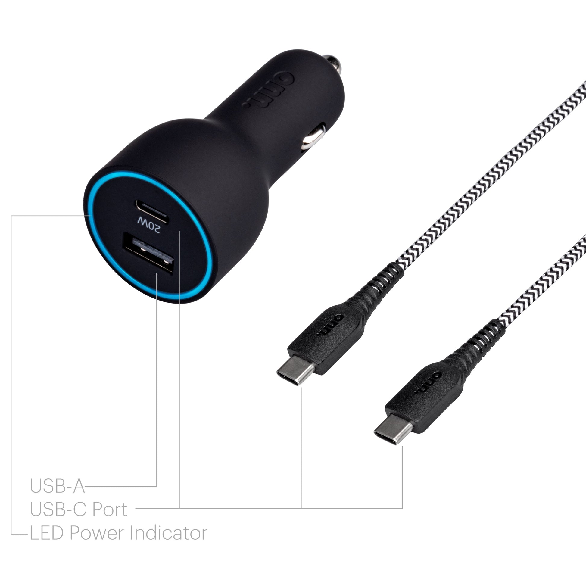 32W Dual-Port Car Charging Kit with USB-C Charging Cable, 20W USB-C Port Fast Charger with Power Delivery; 12W USB Port Standard Charges