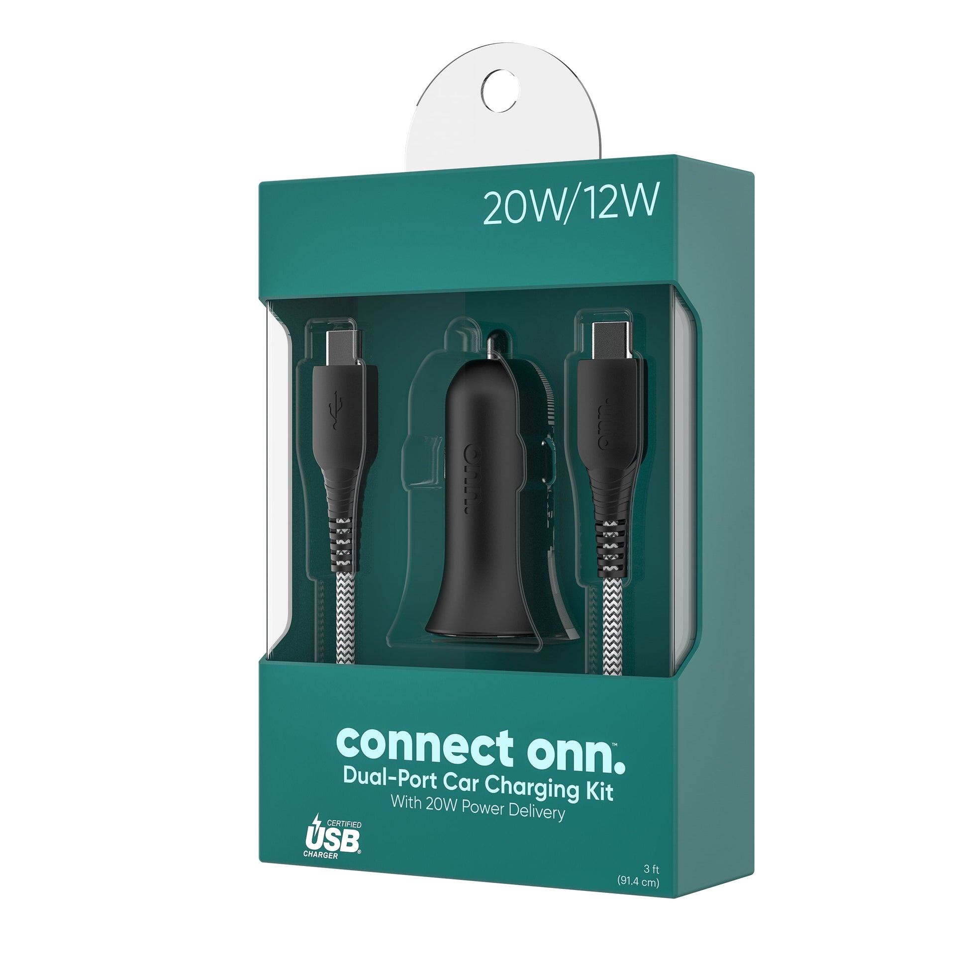 32W Dual-Port Car Charging Kit with USB-C Charging Cable, 20W USB-C Port Fast Charger with Power Delivery; 12W USB Port Standard Charges