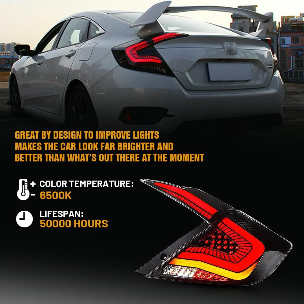 New Smoke Taillight Compatible with Honda Civic Tail Light 2016-2021 Sedan Touring Sport EX EX-L LX Rear Lights LED Sequential Animation 10Th Gen Accessories Custom Back Replacement (Starry S)