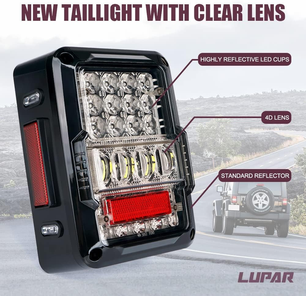 High Brighter LED Tail Lights Compatible with Jeep Wrangler JK JKU 2007-2018, Diamond Shape Design Rear Brake Lights with Clear Lens, DOT Approved