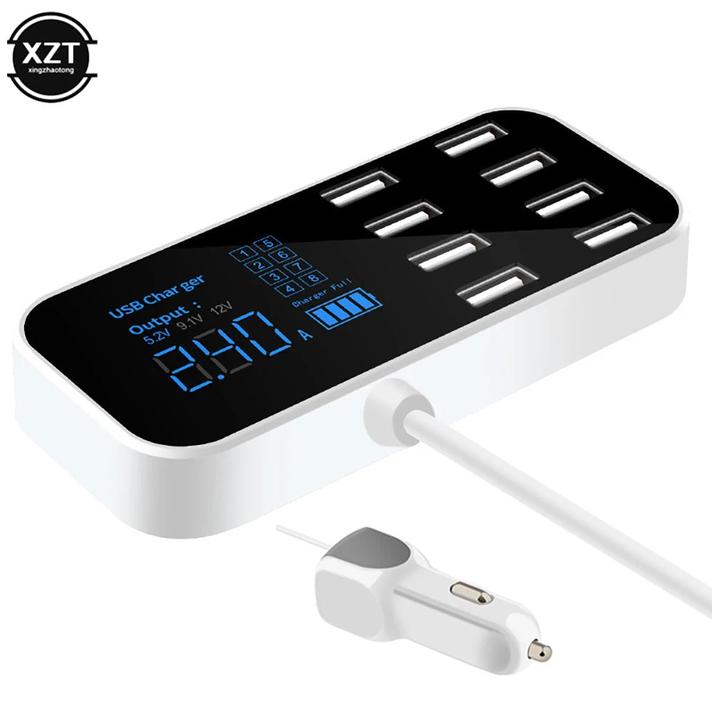 Universal Multi-Port USB Charger for Car 8-Port Car Lighter Charging Station Hub with LCD Display Ultra-Thin USB Car Charger