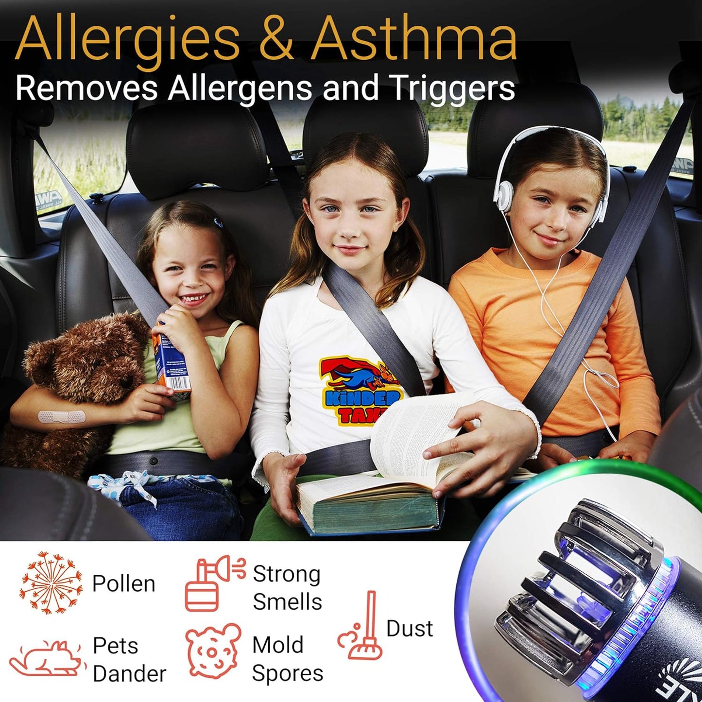 Car Air Purifier Ionizer - 12V Plug-In Ionic Anti-Microbial Car Deodorizer with Dual USB Charger - Smoke Smell, Pet and Food Odors, Allergens, Viruses Eliminator for Car (Matte Black)