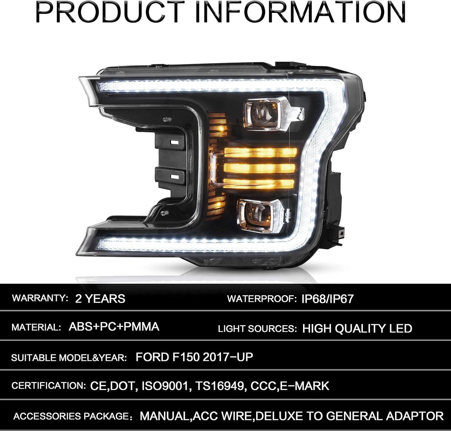 Projector LED Headlights Compatible with F150 2018-2020 (Not Fit Raptor), No Need Extra Bulbs, Black Housing