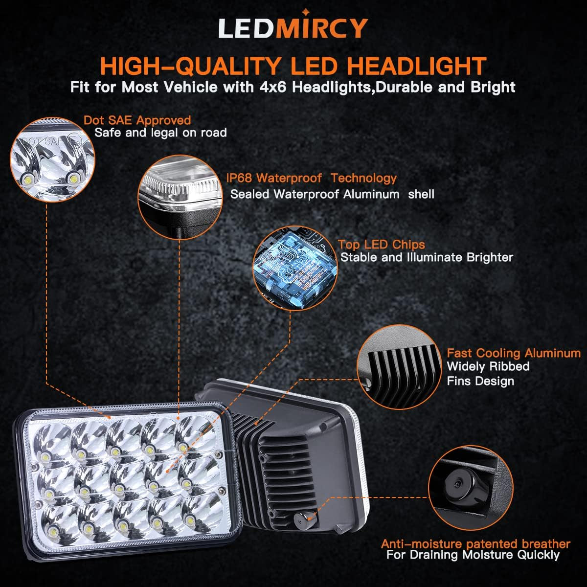 4X6 LED Lights High Low Sealed Beam White Rectangular LED Light 4PCS 45W LED Light with H4651 H4656 H6545 H4652 H4666 H4668 H4642